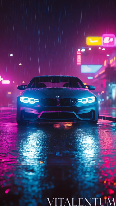 Neon rain crowns a midnight sports car in electric calm