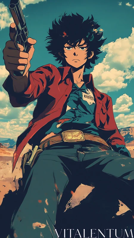 Rebel drifter levels a steady stare beneath desert clouds