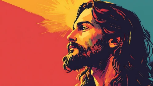 Vibrant haloed portrait of bearded man in profile.