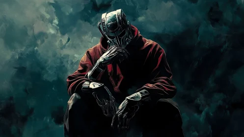Brooding cyborg in red hoodie against stormy abstract sky.