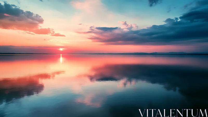 Soft evening sunset glows over calm water and painted sky