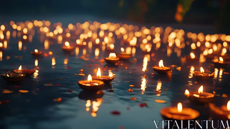 Gentle festival diyas glowing softly on a rain kissed night.