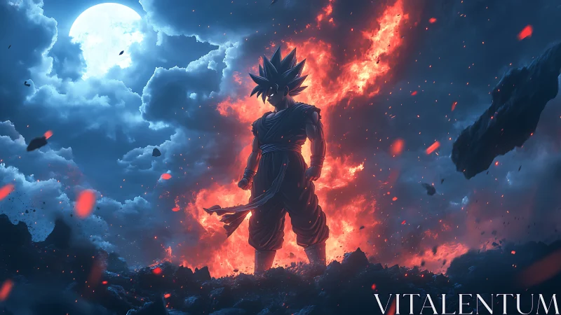 Lone cosmic warrior ablaze between moonlit storm clouds.