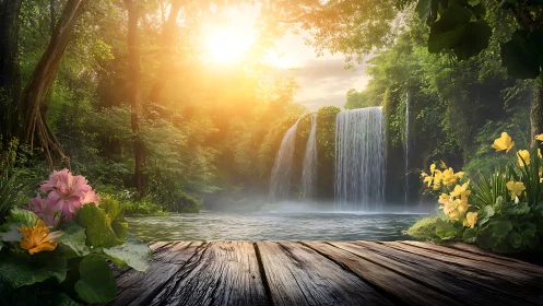 Sunlit jungle waterfall pours into misty forest pool