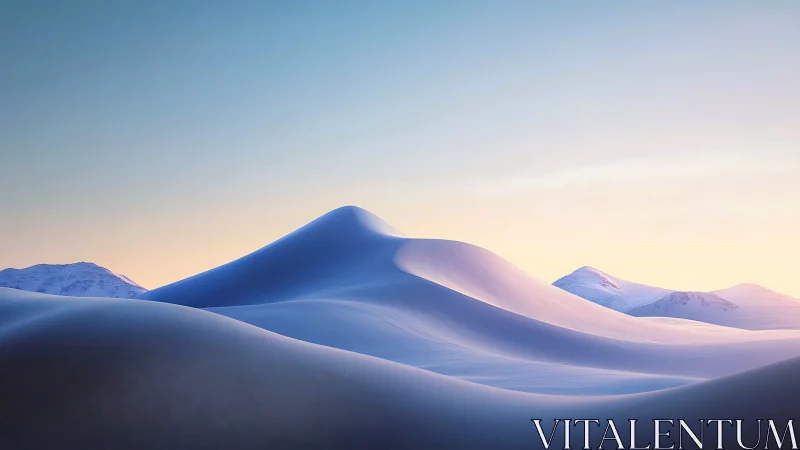Soft sunrise over dreamy blue snow dunes in quiet winter.
