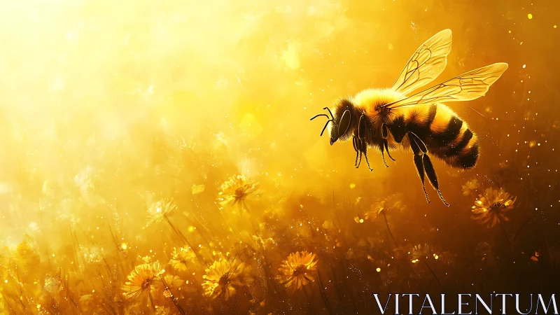 Honey bee in backlit golden field with flowering plants.