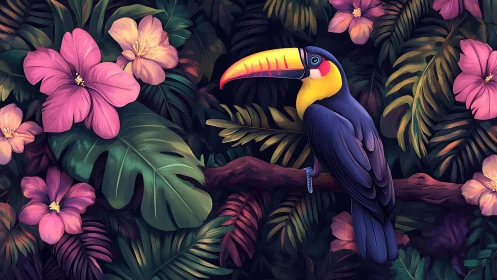 Toucan perches amid neon jungle foliage and hibiscus blooms.