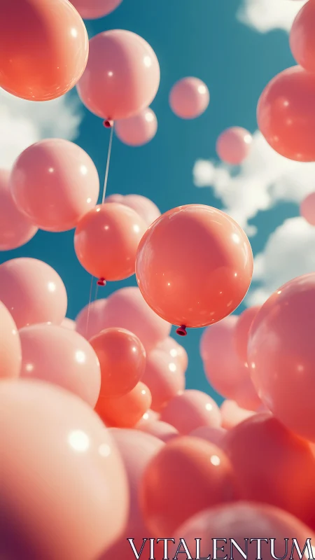 Coral balloons floating against serene sky.