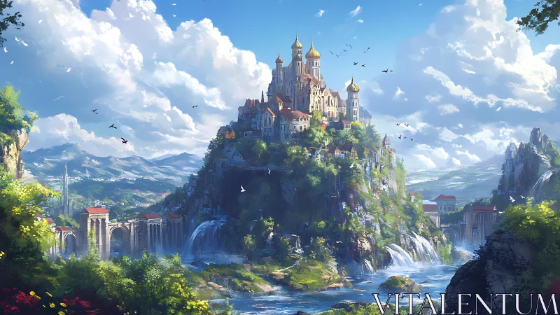 Hilltop castle complex overlooks rivers, bridges and waterfalls