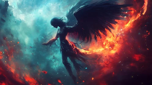 Fallen winged figure drifting between fire and starlit sky.