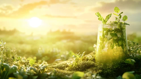 Sunlit herbal infusion jar in dewy macro meadow glow.