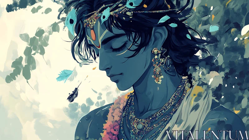 Softly glowing blue figure crowned with drifting feathers.