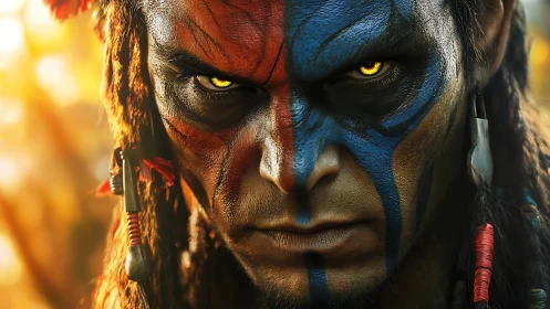 Warrior portrait with tribal face paint and braided hair.