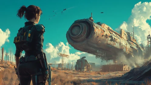 Concept art of lone scout and derelict hovering starship landscape.