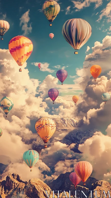 Multicolored hot air balloons above layered mountain clouds.