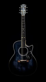 Dark cutaway acoustic guitar on black background, full view.