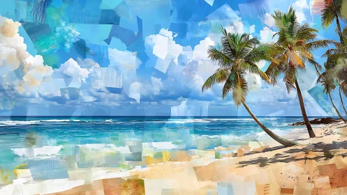 Tropical palm beach glows under vivid painterly sky at noon