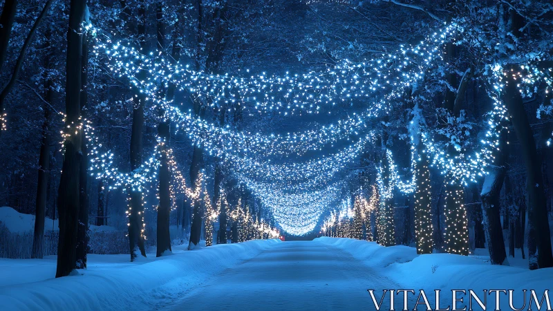 Snowy forest road illuminated by dense blue string lights