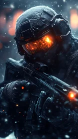 Armored winter soldier with rifle in glowing visor storm.