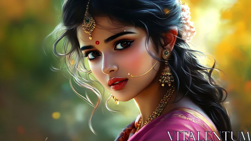 Graceful woman in traditional jewelry and glowing colors.