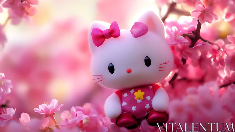 Toy cat figurine is positioned among dense pink blossoms