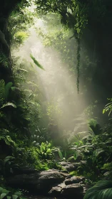 Misty jungle gorge with layered vegetation and stone pathway