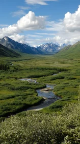 Rivered meadow curls toward snowbright mountains and roaming clouds