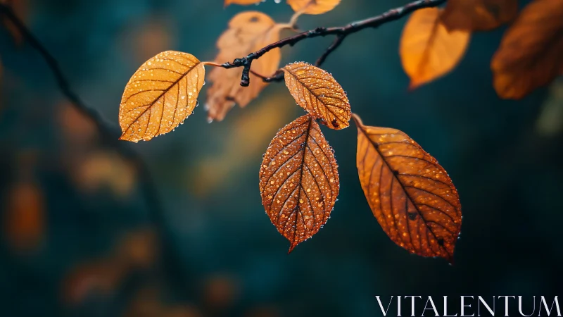 Golden autumn leaves shimmer with morning dew droplets.