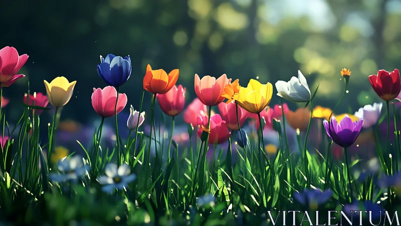 Tulips in sunlight with blurred garden background