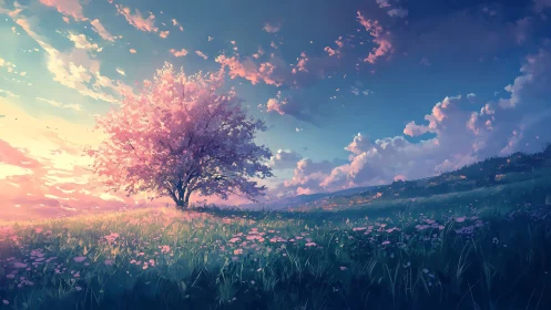 Solitary cherry tree in flowered meadow under wide sky.