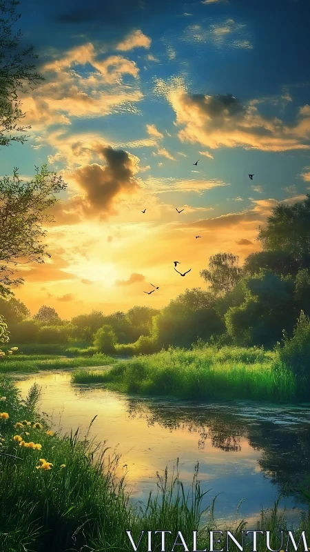 Sunlit river landscape with clouds, birds, and green banks.