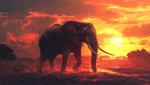 Gentle elephant wandering through a glowing sunset savanna.