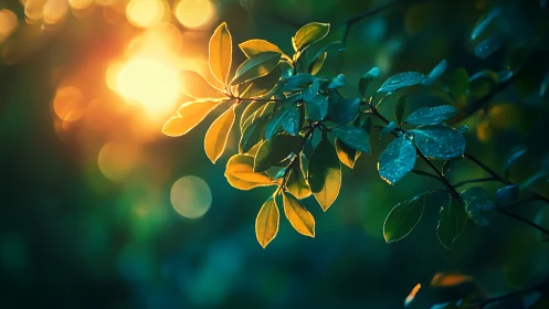 Sunlit Green Leaves with Dew Drops in Soft Bokeh Photography.