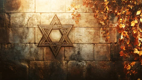 Layered Star of David relief on sunlit aged stone wall.