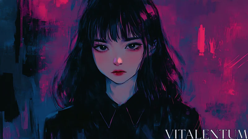 Digital portrait shows frontal view of young woman in neon hues