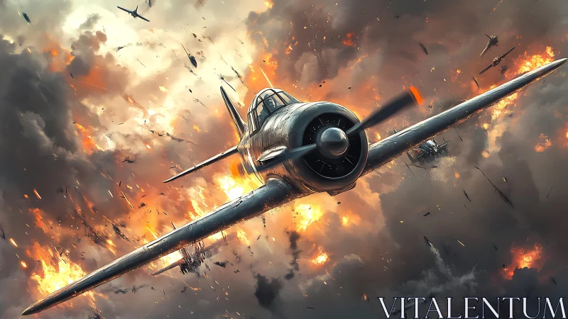 Propeller fighter aircraft in dense aerial combat scene.