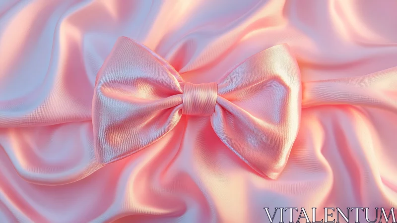 Soft pink satin bow centered on rippled fabric surface.