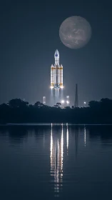 Nocturnal heavy-lift rocket ascent with enlarged lunar backdrop.