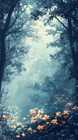 Sunlit Forest Sanctuary with Golden Blossoms.