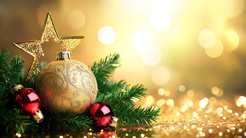 Christmas ornaments rest on fir branches against defocused lights