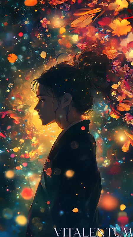 Side profile of woman amid luminous floral particles.