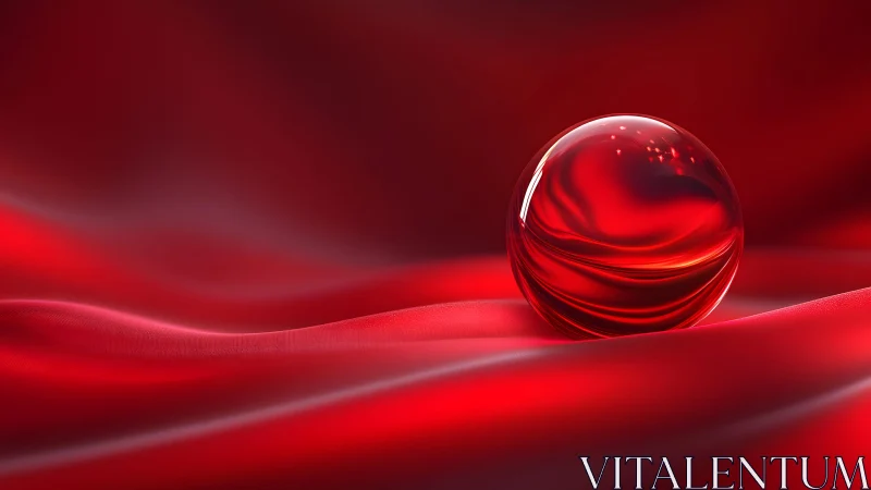 Shiny Red Glass Sphere on Flowing Silk-Like Fabric, Digital Art.