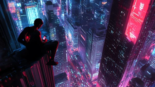 Neon rooftop watcher resting above the humming city glow.