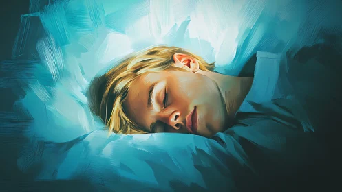 Sleeping person on pillow in blue-toned digital artwork.