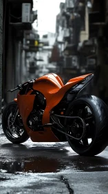 Orange monocoque sport motorcycle in wet urban alleyway