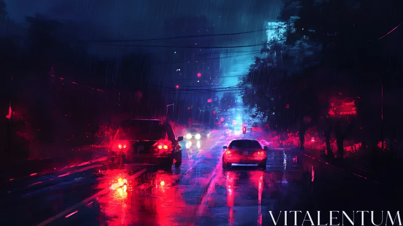 Neon-lit cars glide through a rainy cyberpunk city night.