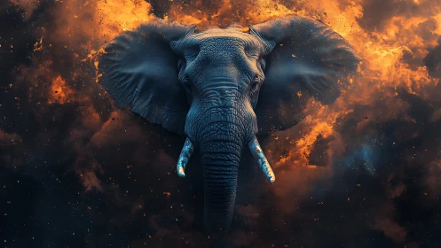 Elephant rendered against abstract fiery smoke backdrop.