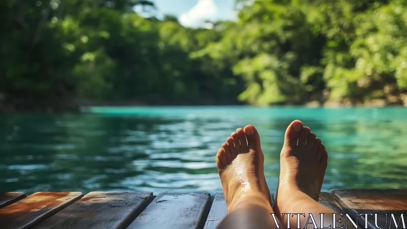 Bare feet on lakeside dock in lush tropical serenity.