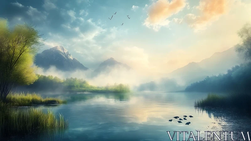 Morning mist drifts over serene mountain lake at sunrise