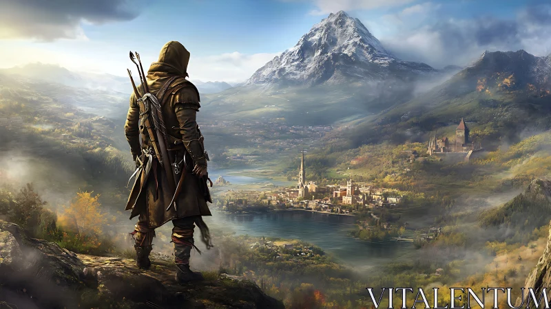 Hooded ranger surveys expansive medieval valley landscape